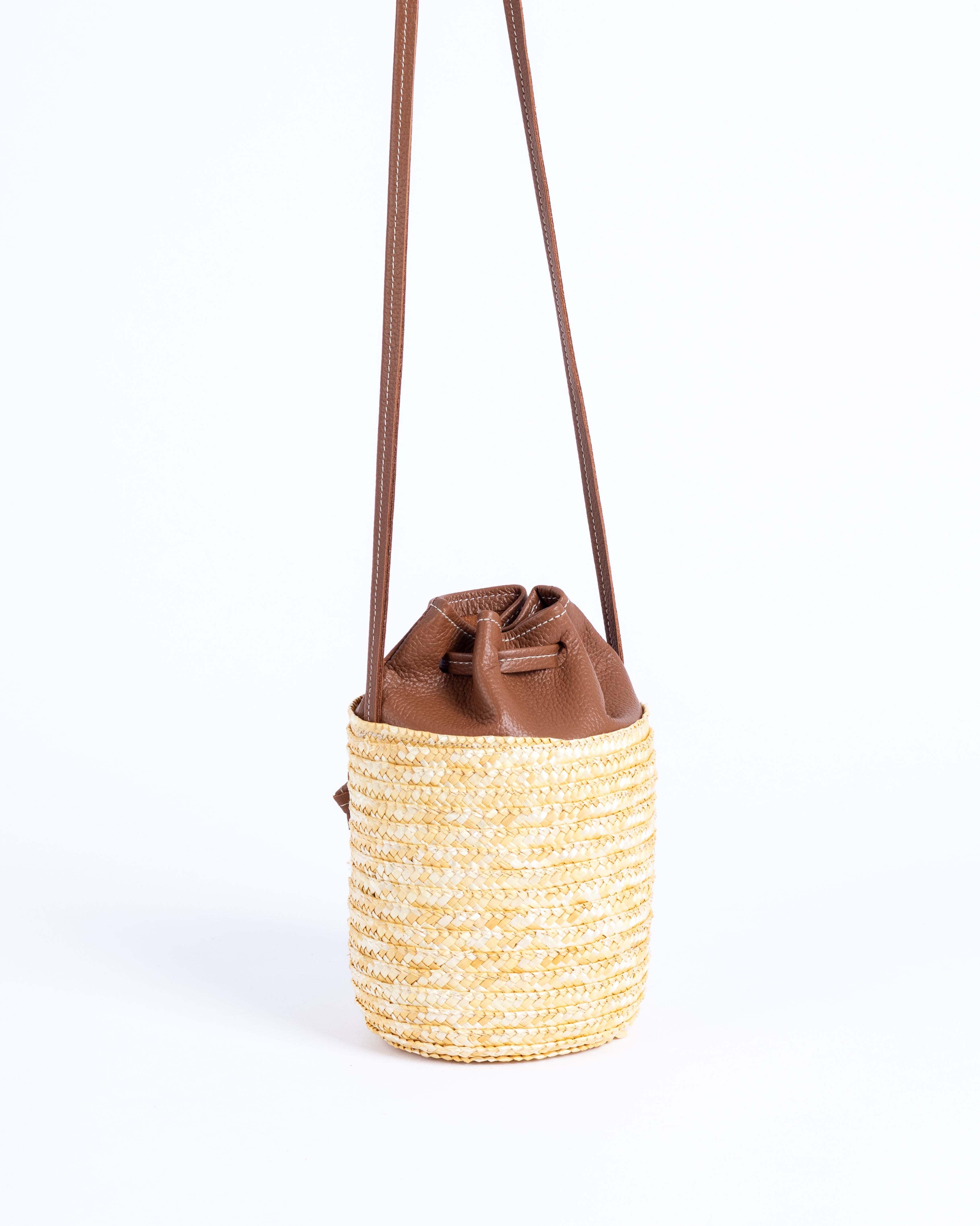 Bartola Straw Mini Bucket Bag - Cognac Pebble