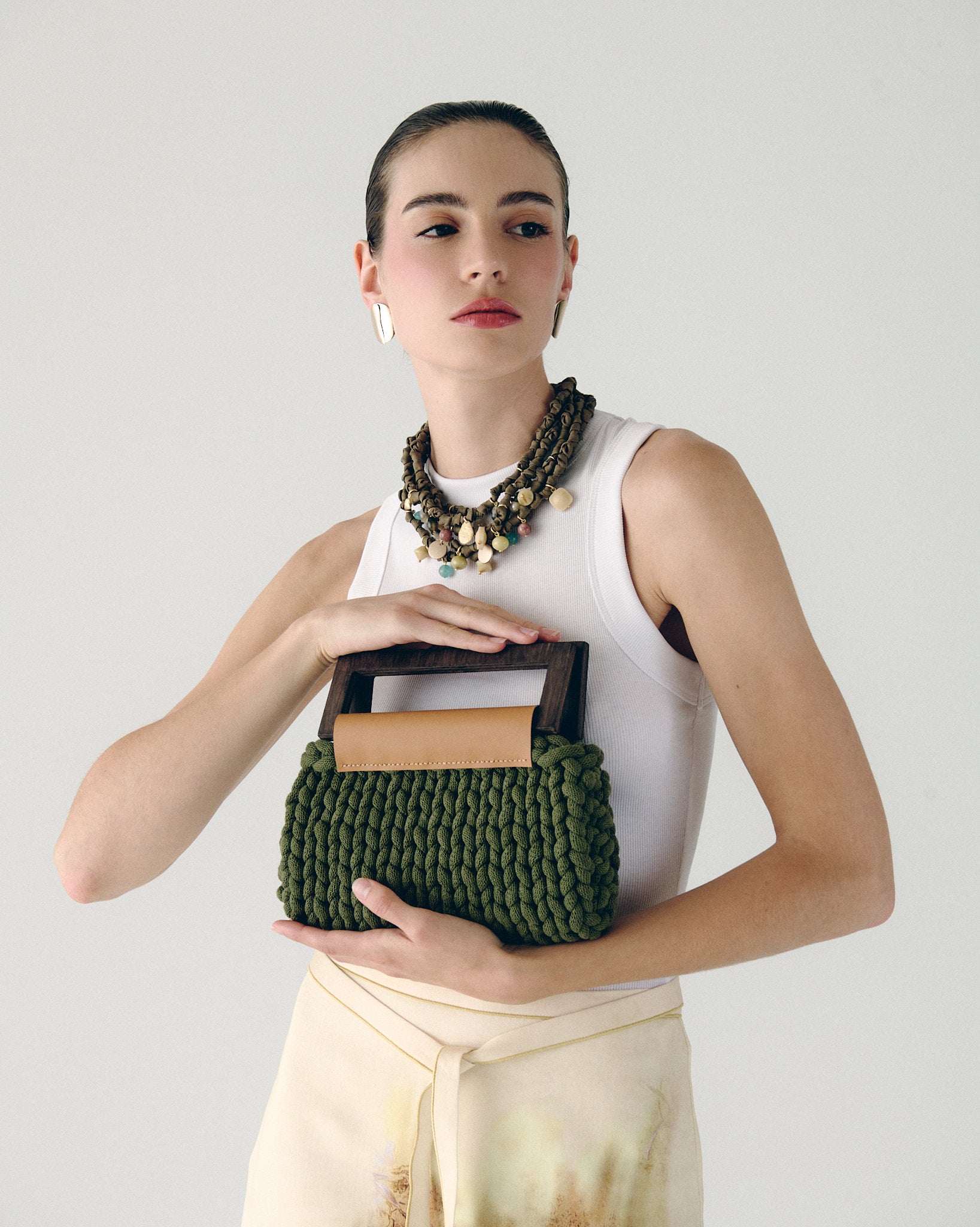 Vera Knitted Bag Camel Leather - Green