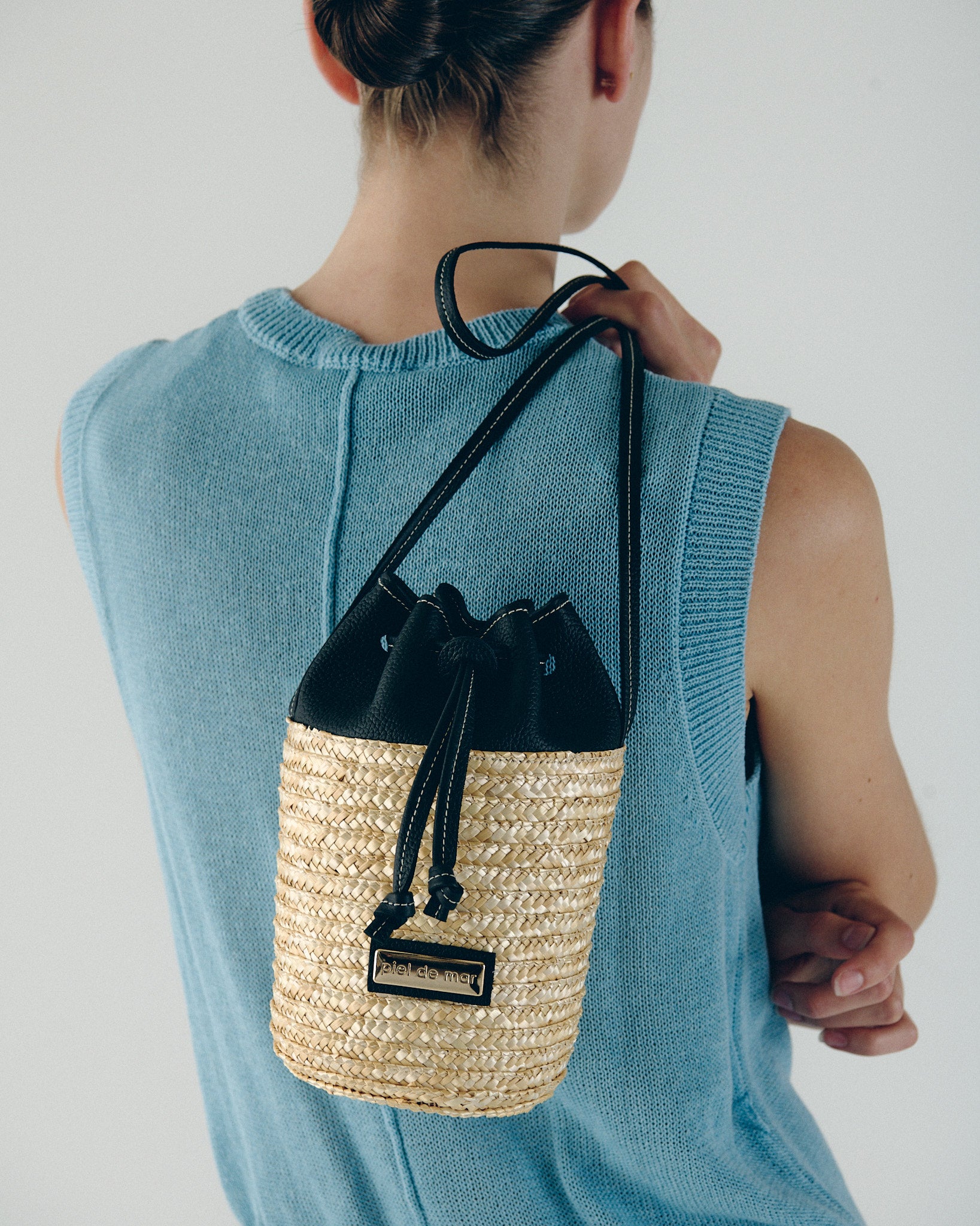 Bartola Straw Mini Bucket Bag - Black Pebble