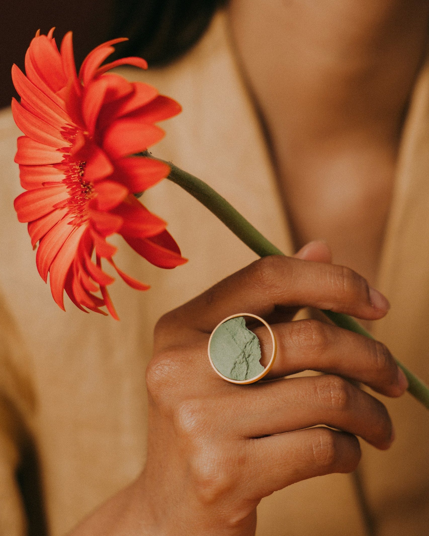 Hand holding a red flower with a blurred background