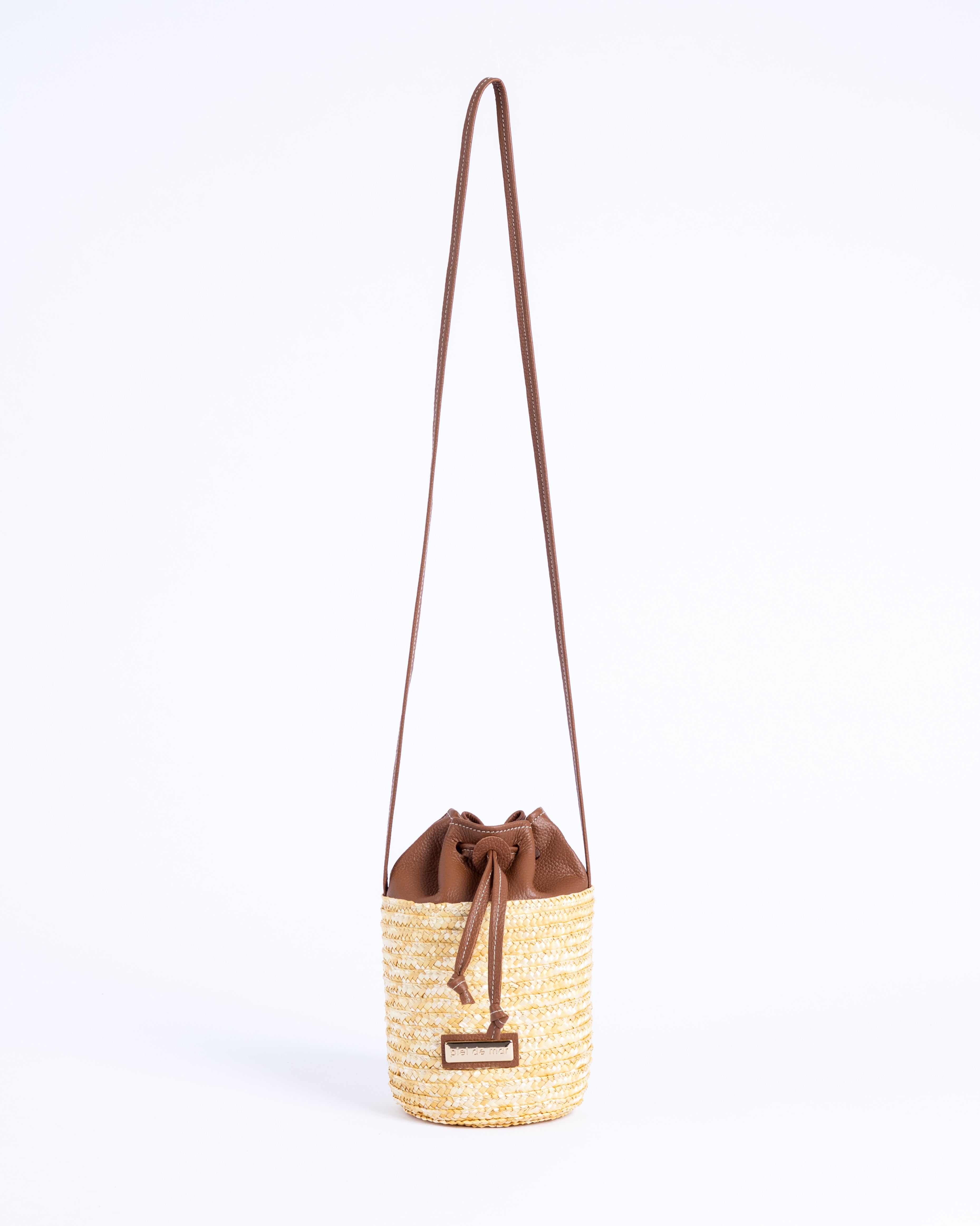 Bartola Straw Mini Bucket Bag - Cognac Pebble
