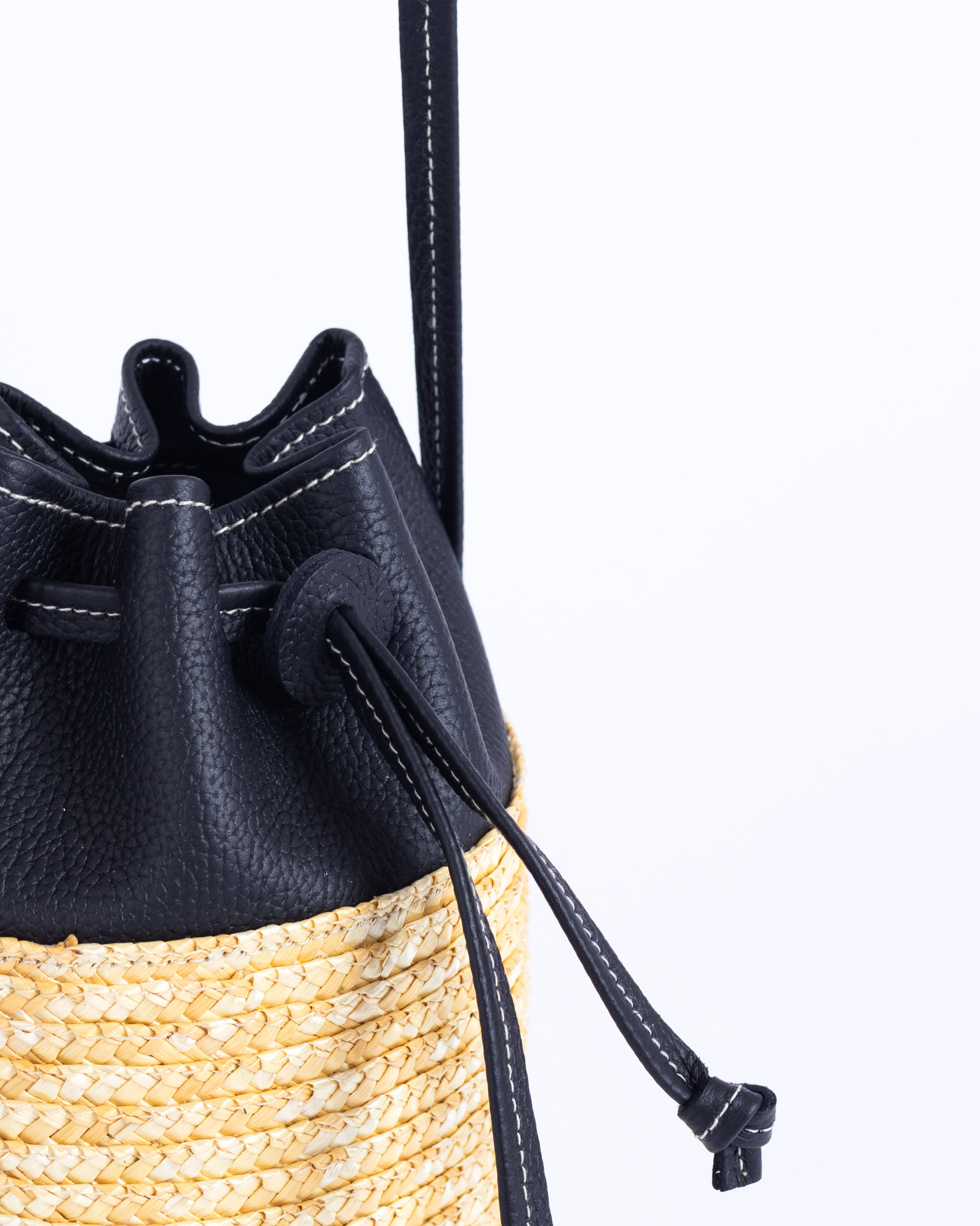 Bartola Straw Mini Bucket Bag - Black Pebble