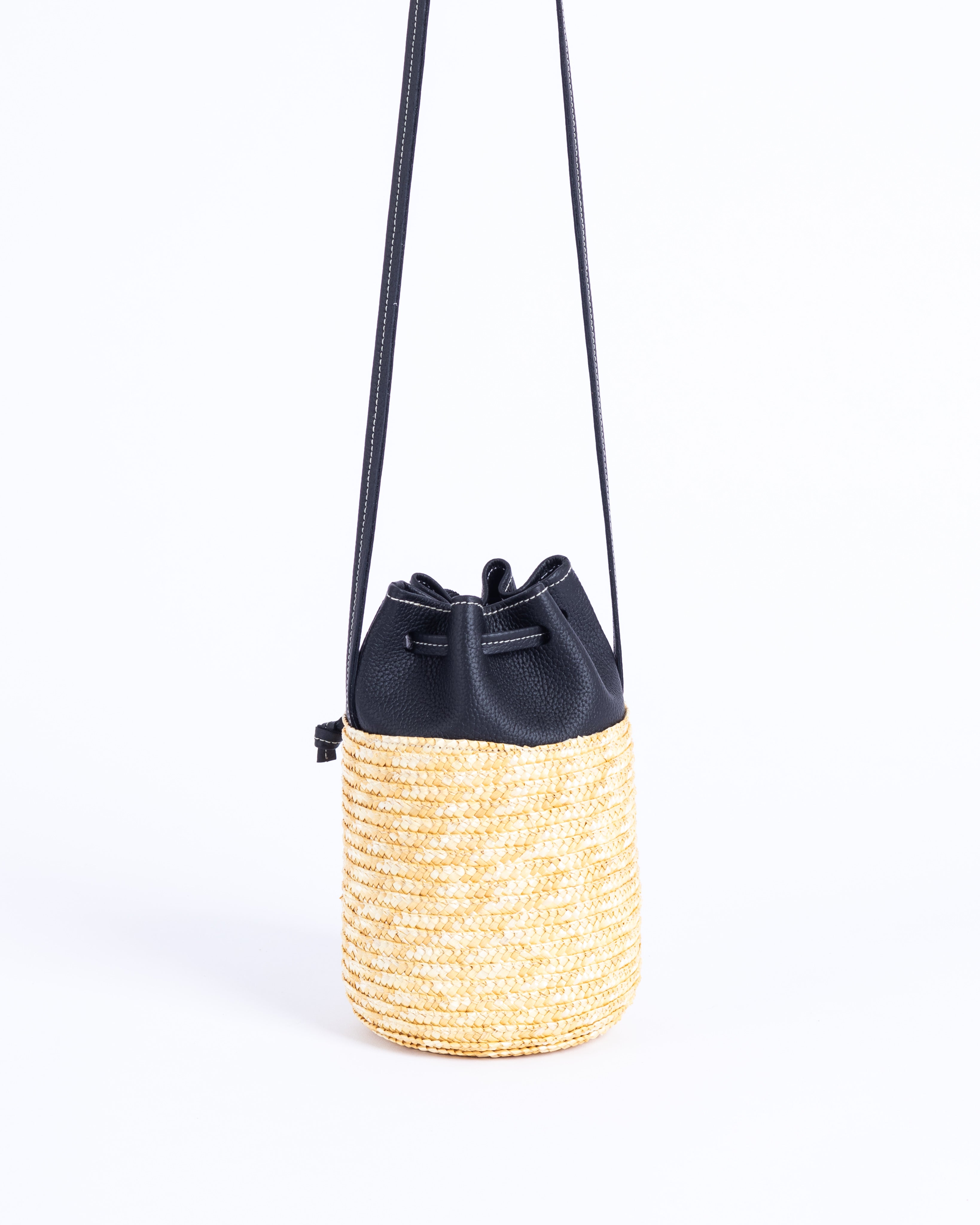 Bartola Straw Mini Bucket Bag - Black Pebble