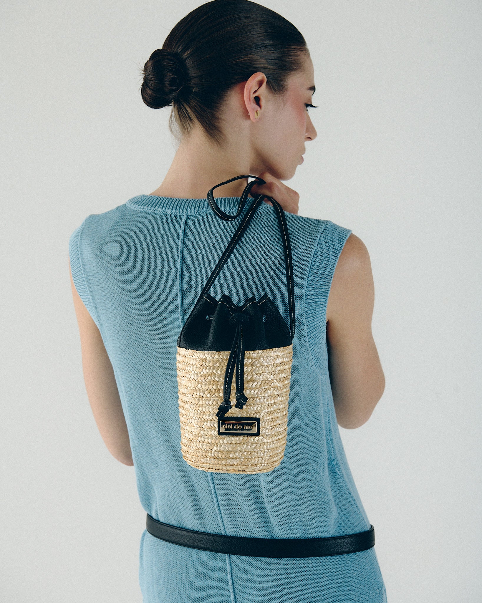 Bartola Straw Mini Bucket Bag - Black Pebble